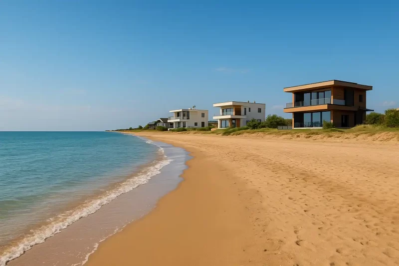 ساحل چاف و چمخاله در روزی آفتابی با شنهای تمیز، آب آبی آرام و ویلاهای ردیف دوم ساحل در پسزمینه؛ تصویری طبیعی و هایپررئالیستیک.