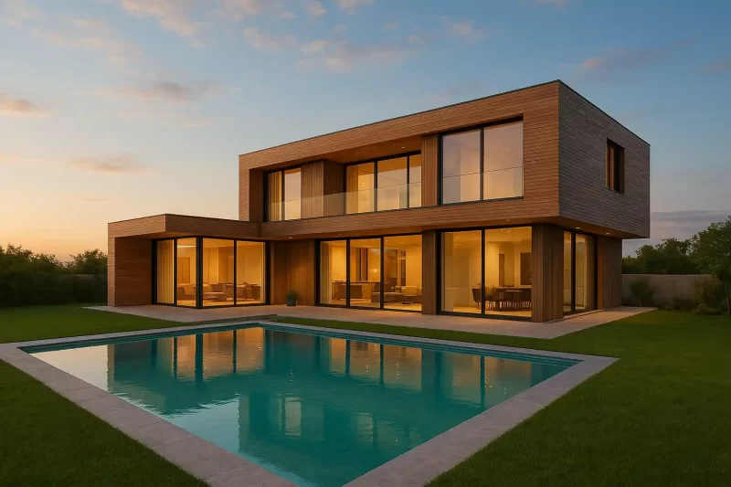 ویلای نوساز مدرن در چاف و چمخاله با نمای چوب ترمو، شیشههای قدی، استخر روباز و نورپردازی عصرگاهی؛ تصویری کاملاً واقعی و با جزئیات دقیق.