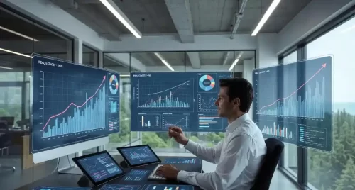 صحنه آینده‌نگرانه دفتر مدرن در سال ۱۴۰۵ برای پیش‌بینی کمیسیون املاک گیلان ایران، تحلیلگر حرفه‌ای در حال مشاهده صفحه‌های هولوگرافیک یا دیجیتال بزرگ با نمودارهای پیش‌بینی صعودی نرخ کمیسیون به دلیل تورم