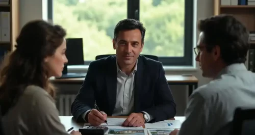 مشاور املاک حرفه‌ای در حال توضیح کمیسیون و اهمیت آن به مشتریان – درک صحیح کمیسیون، کلید یک معامله موفق و شفاف است.