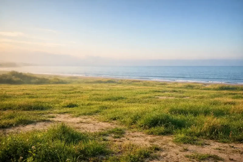 زمین خالی ساحلی در گیلان کنار دریای خزر با چمن سبز و نور ملایم صبحگاهی
