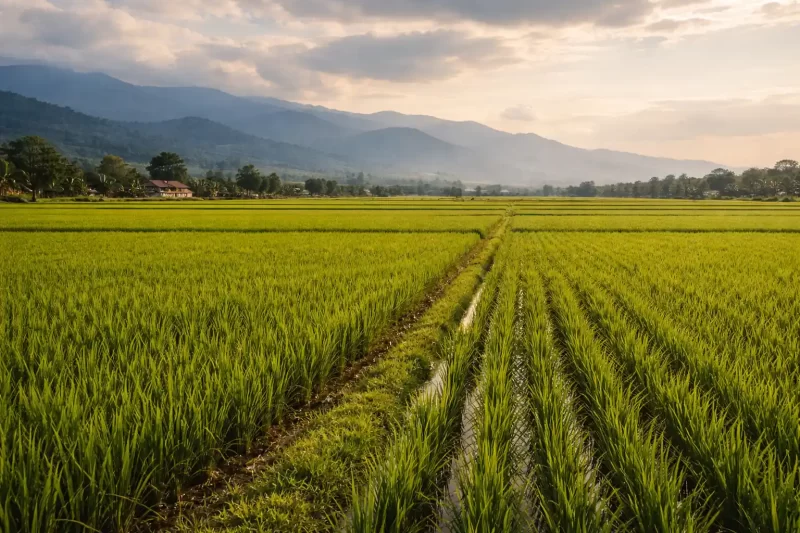 شالیزارهای برنج سبز در گیلان با نور طبیعی و چشم‌انداز کوهستانی