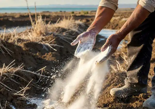 نمای نزدیک از یک کشاورز میانسال ایرانی در مزرعه ساحلی گیلان که با دست یا بیل گچ کشاورزی سفید را روی زمین شور پخش میکند. پودر سفید گچ روی خاک قهوهای تیره ریخته شده و گرد و غبار آن در هوا معلق است. پسزمینه کمی مبهم شامل گیاهان مقاوم به شوری و خط افق دریای خزر در نور گرم بعدازظهر است. این عکس فرآیند عملی اصلاح خاک شور با گچ را به صورت مستند نشان میدهد.