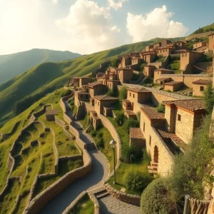 نمایی از روستای تاریخی ماسوله با معماری پلکانی منحصربه‌فرد در میان تپه‌های سرسبز گیلان.