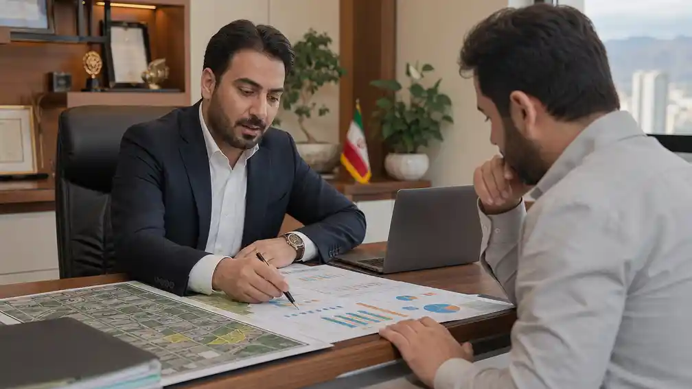 مشاور املاک در حال بررسی جدول قیمت زمین در چاف و چمخاله ۱۴۰۵