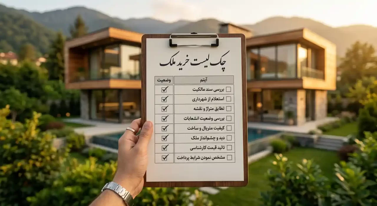 چک‌لیست گام به گام مراحل خرید زمین و ویلا مقابل نمای مدرن ساختمان در گیلان