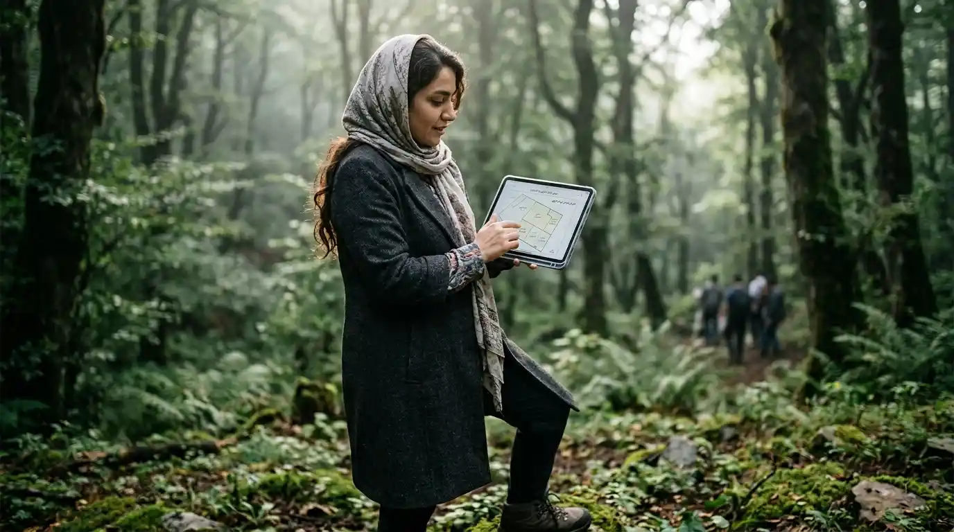 خانم ایرانی در حال تحلیل نقشه برای سرمایه‌گذاری هوشمند در چاف و چمخاله