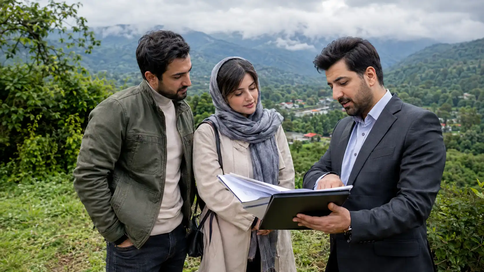 زن و مرد ایرانی در حال بررسی مدارک زمین و نقشه در گیلان