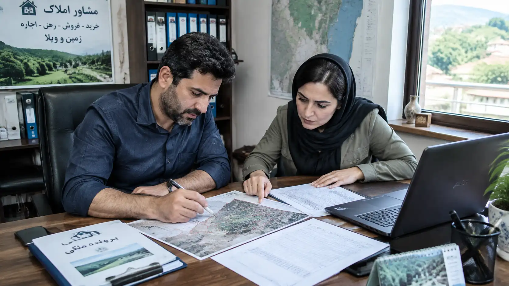  زن و مرد ایرانی در حال بررسی مدارک سیماک و نقشه UTM برای خرید زمین شهرکی