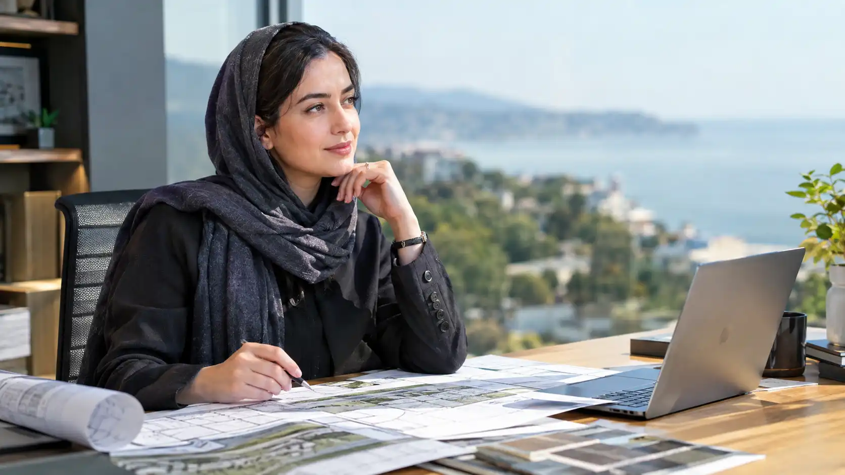  کارشناس گروه املاک پردیس در حال بررسی نقشه‌های تفکیکی و کاربری زمین ساحلی در شرق گیلان