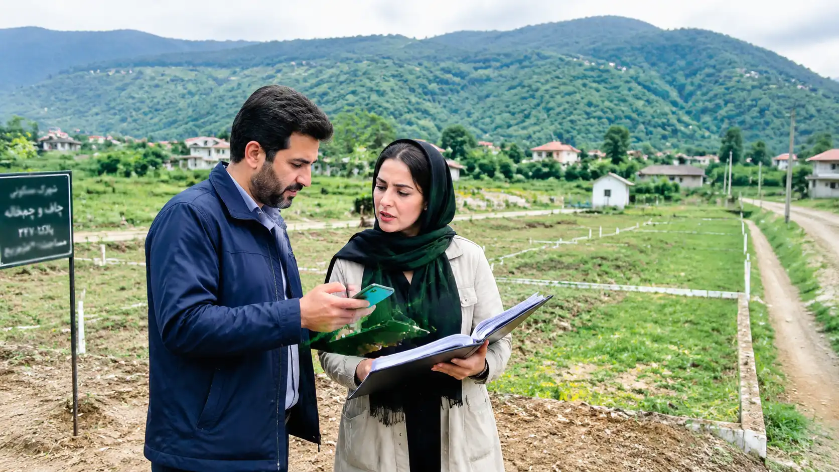 زن و مرد ایرانی در حال بازدید و بررسی زمین شهرکی در چاف و چمخاله
