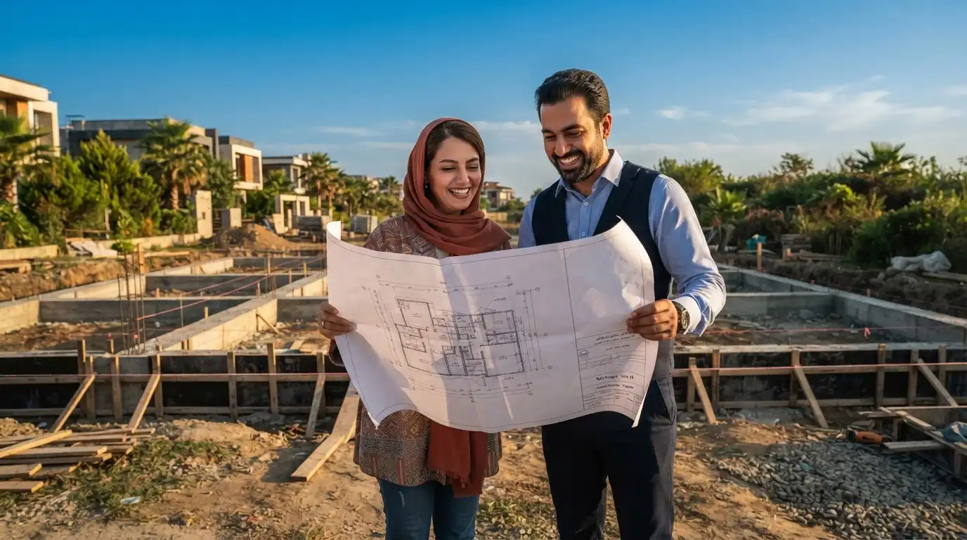 زوج جوان با نقشه معماری و کلاه ایمنی در محل احداث ویلای شهرکی در چاف