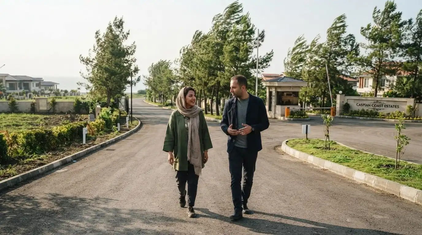 زوج ایرانی در حال بازدید از قطعات تفکیک‌شده زمین شهرکی ساحلی در چاف و چمخاله گیلان
