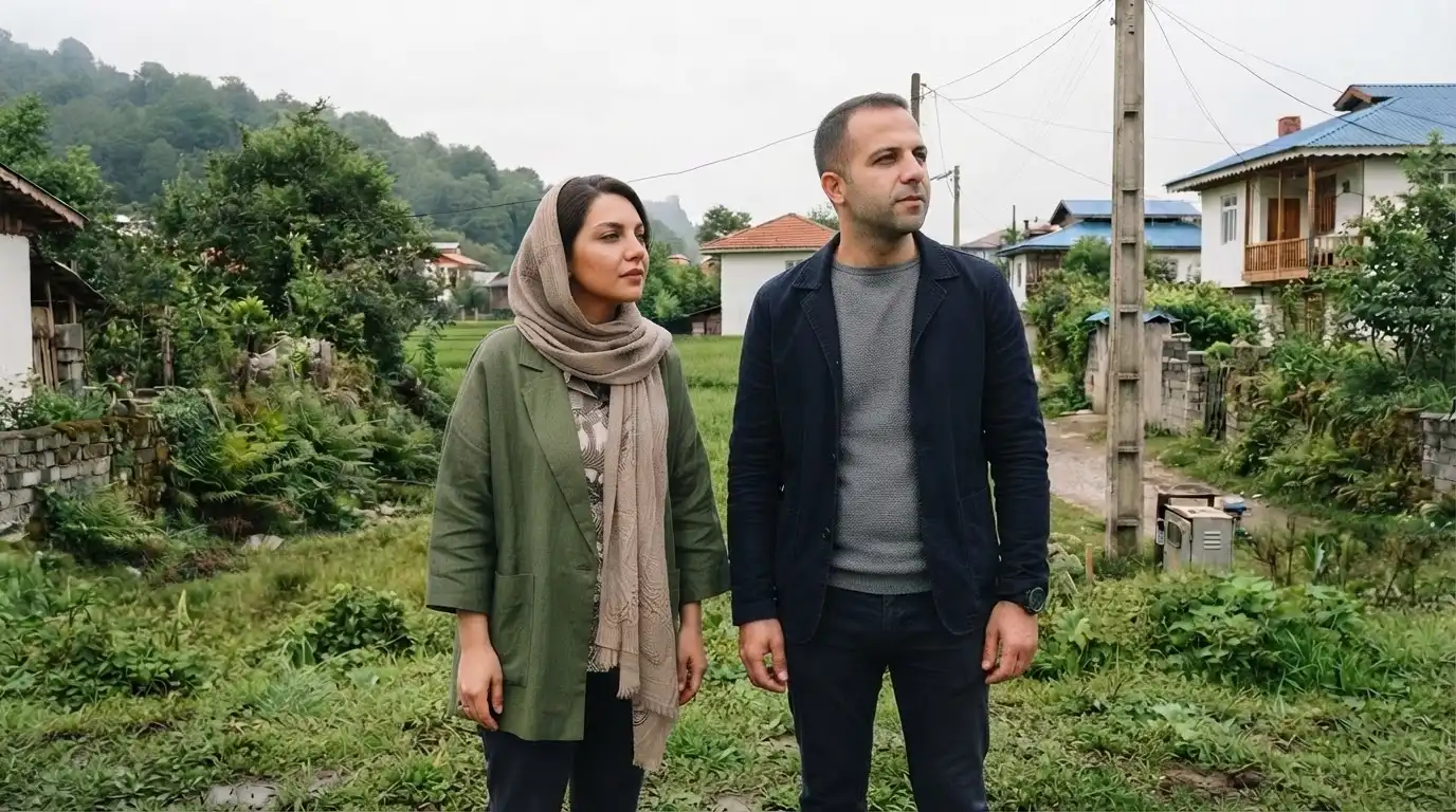 زن و مرد ایرانی در حال بررسی موقعیت زمین مسکونی داخل بافت در گیلان با دسترسی کامل به انشعابات